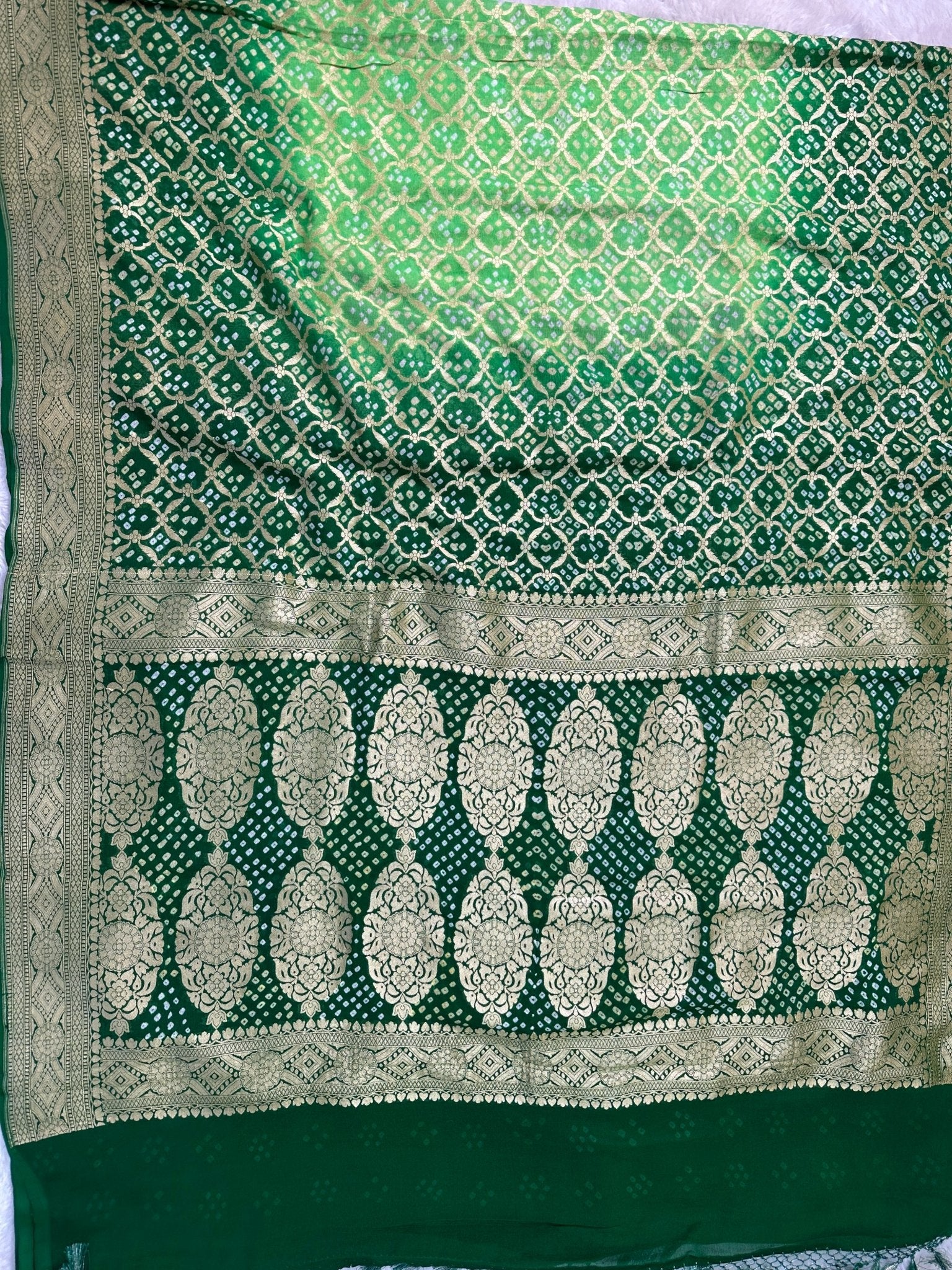 Dual Shaded Forest - Emerald Green Pure Khaddi Georgette Bandhani Saree with Banarasi Zari Border - Katan Banaras