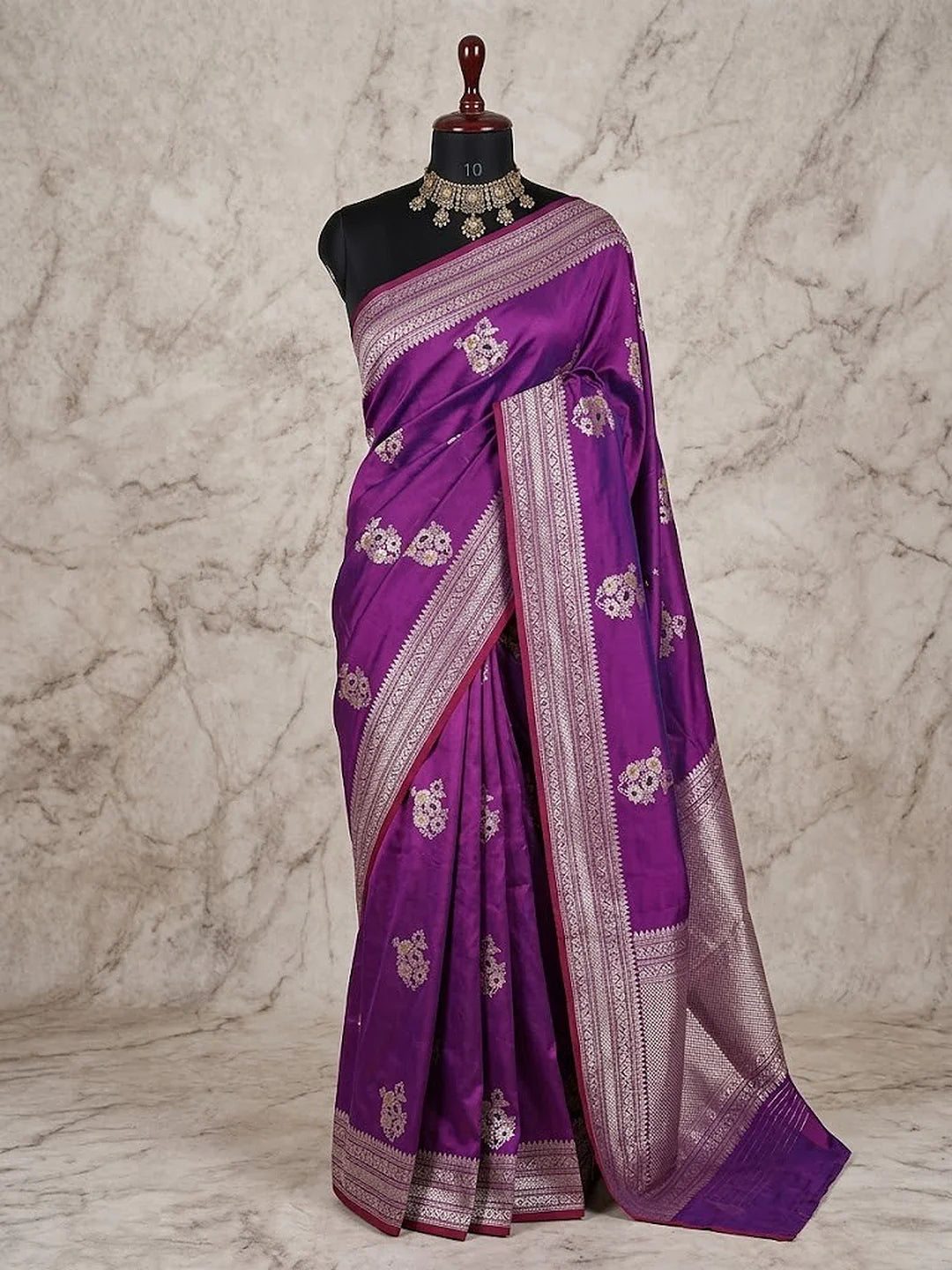 Pure Katan Silk Kadhwa Buta Banarasi Saree – Bright Purple | Sona Rupa Zari & Tilfi Minakari