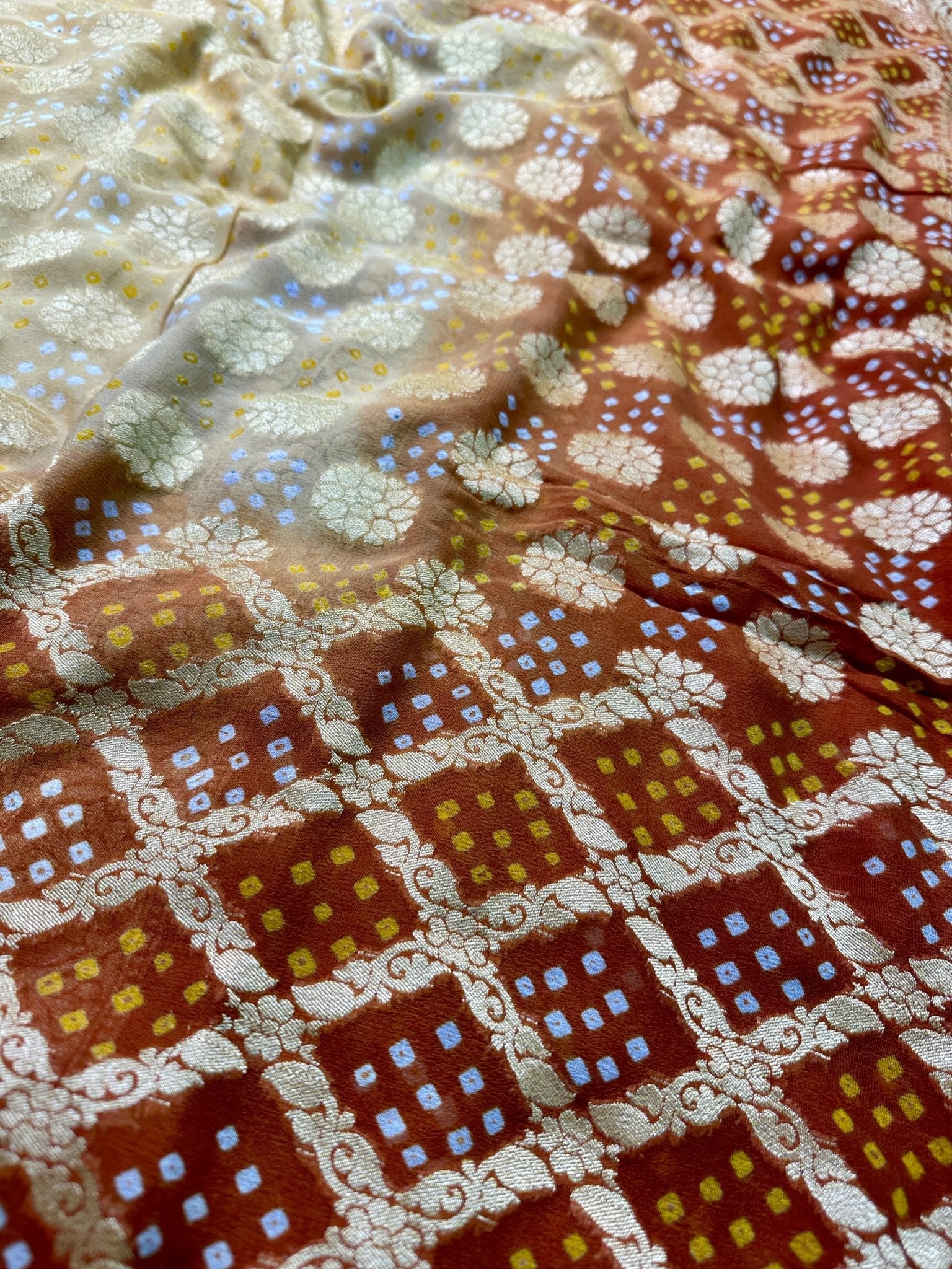 Dusty Beige & Coffee Brown Pure Khaddi Georgette Bandhani Saree - Katan Banaras