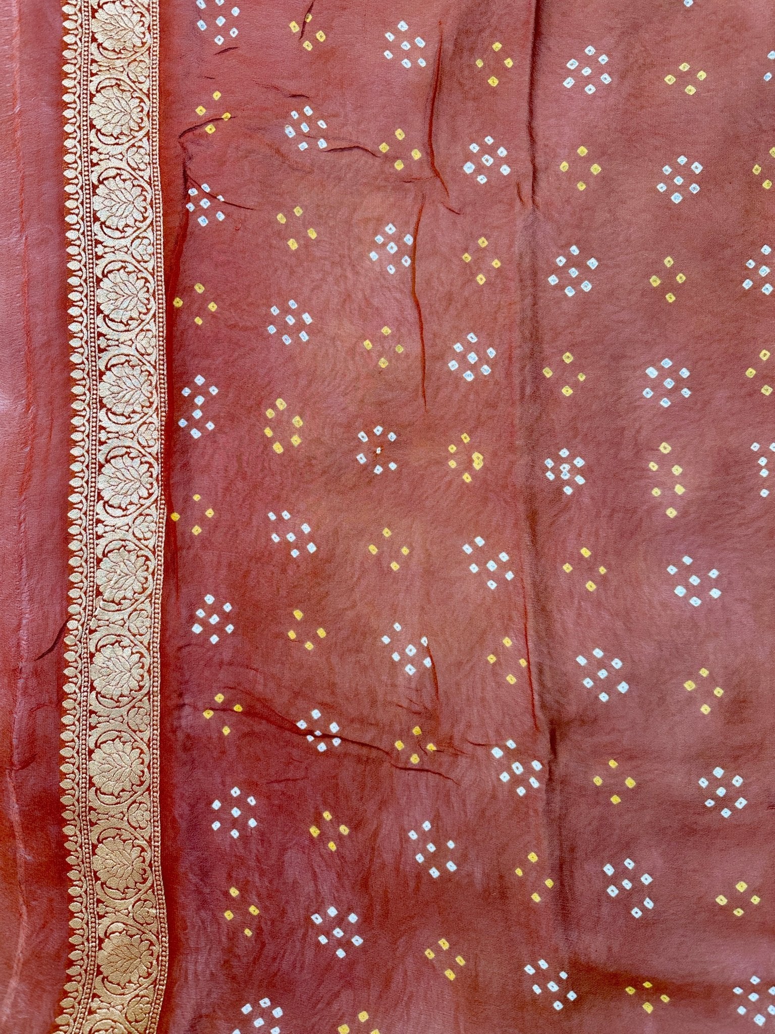 Dusty Beige & Coffee Brown Pure Khaddi Georgette Bandhani Saree - Katan Banaras