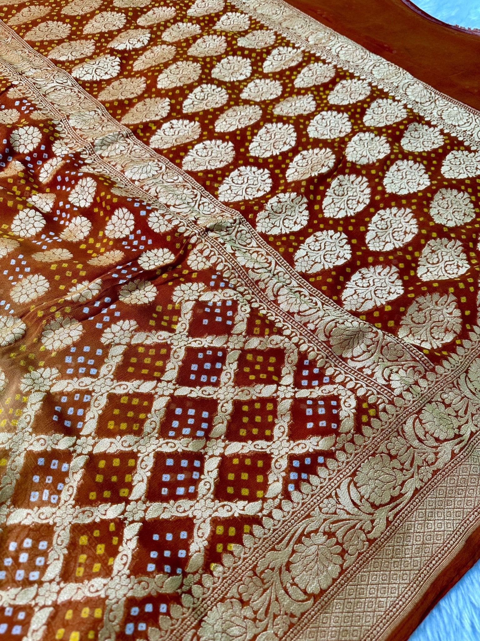 Dusty Beige & Coffee Brown Pure Khaddi Georgette Bandhani Saree - Katan Banaras