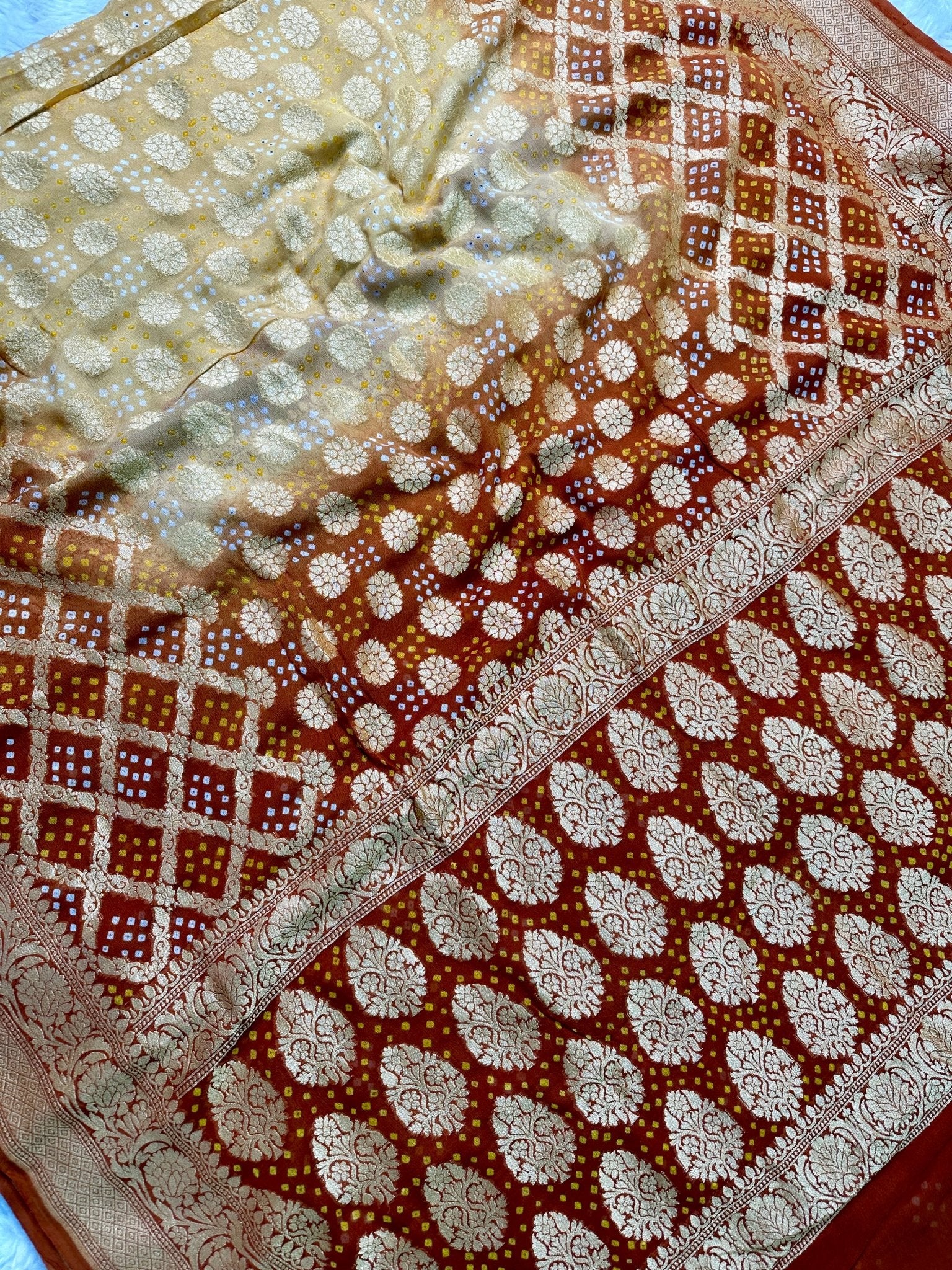 Dusty Beige & Coffee Brown Pure Khaddi Georgette Bandhani Saree - Katan Banaras