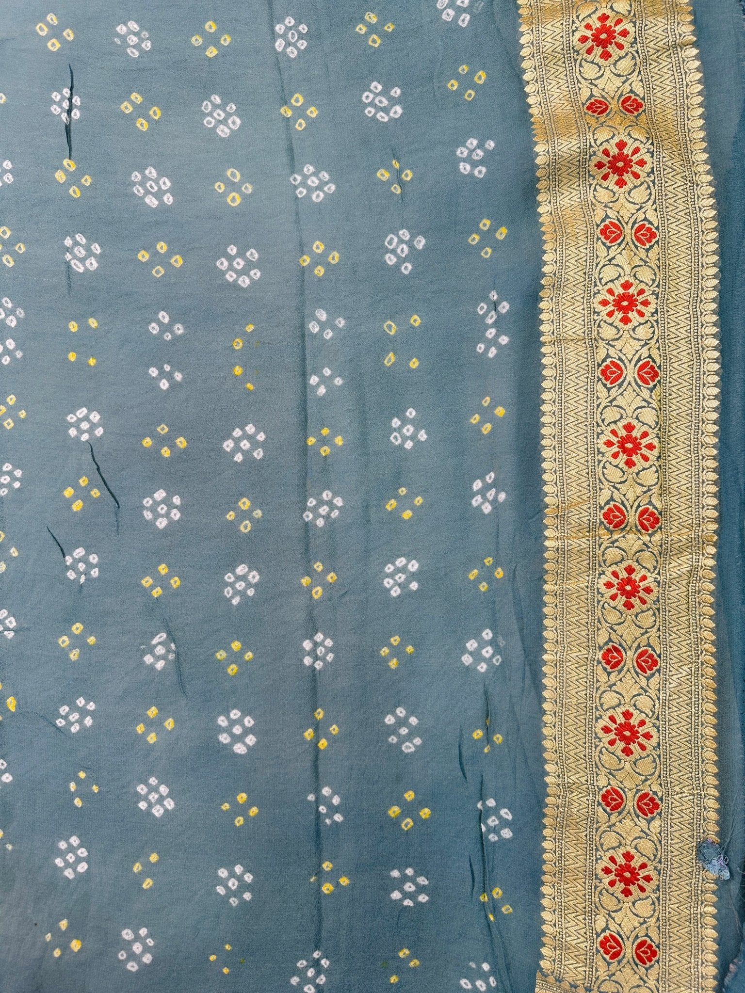 Dusty Teal Blue Pure Khaddi Georgette Bandhani Saree with Tilfi Minakari & Banarasi Zari Border - Katan Banaras