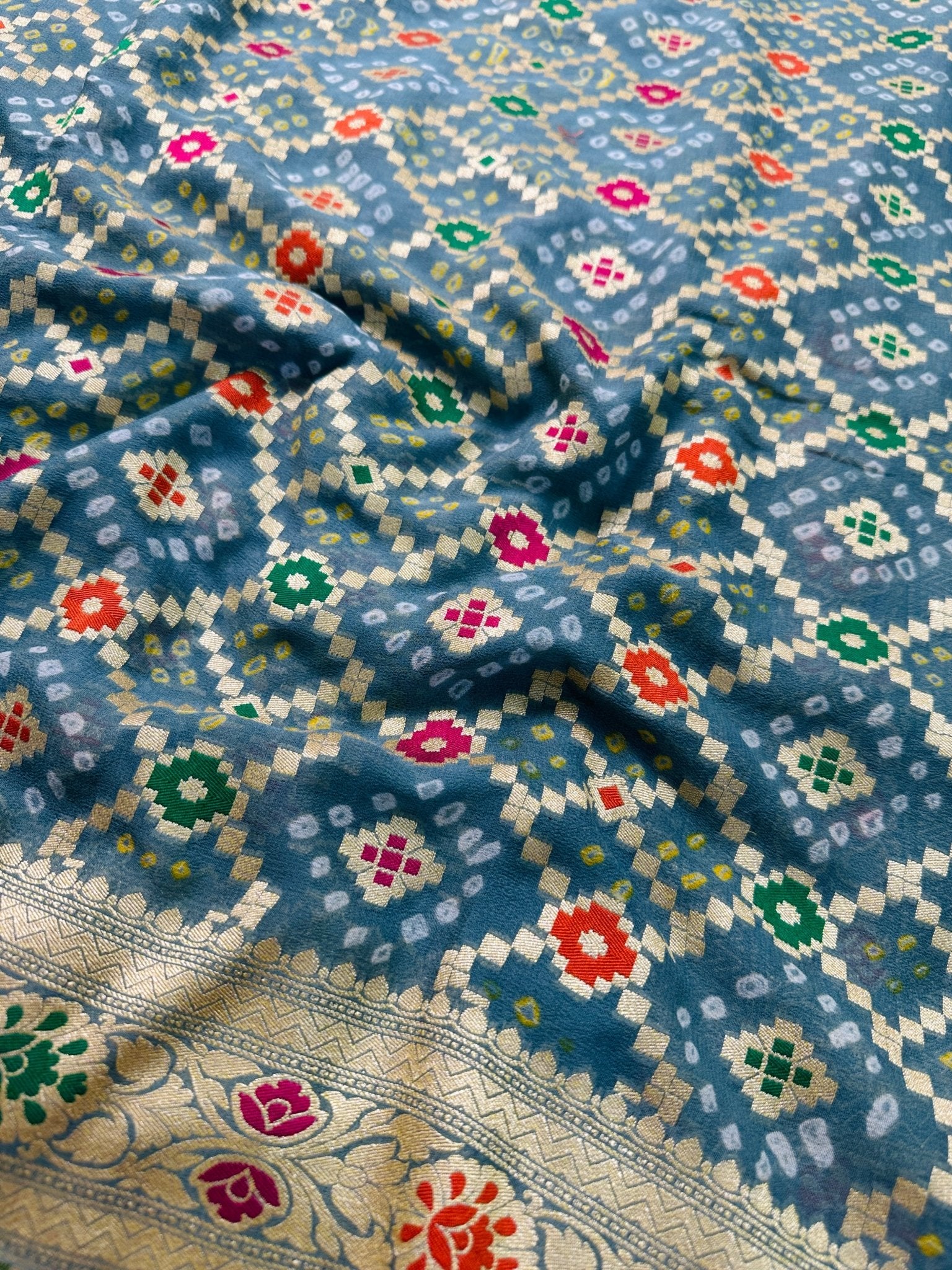 Dusty Teal Blue Pure Khaddi Georgette Bandhani Saree with Tilfi Minakari & Banarasi Zari Border - Katan Banaras