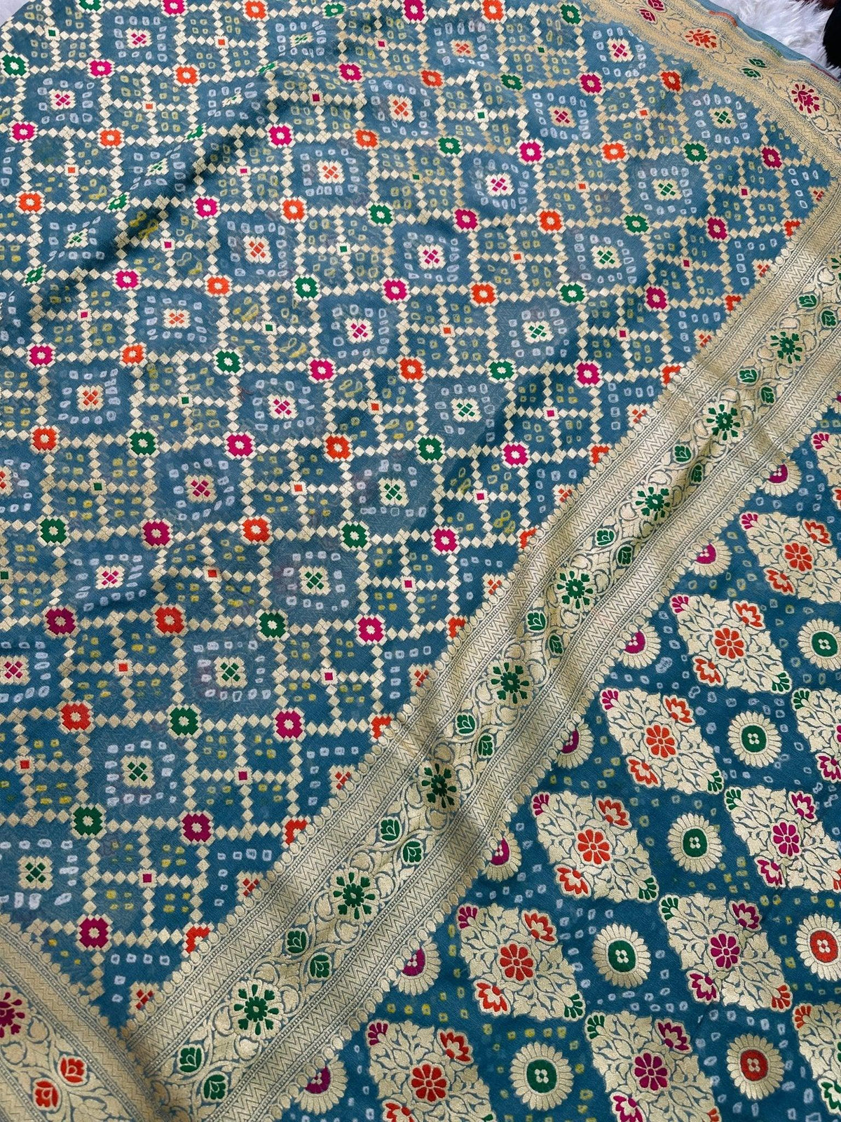 Dusty Teal Blue Pure Khaddi Georgette Bandhani Saree with Tilfi Minakari & Banarasi Zari Border - Katan Banaras