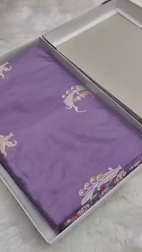 Pure Katan Silk Kadhwa Buta Handloom Banarasi Saree – Lavender | Sona Rupa Zari with Tilfi Minakari