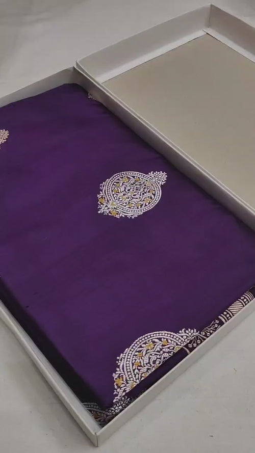 Deep Purple Pure Katan Silk Kadhwa Buta Banarasi Saree | Sona Rupa Zari & Tilfi Minakari