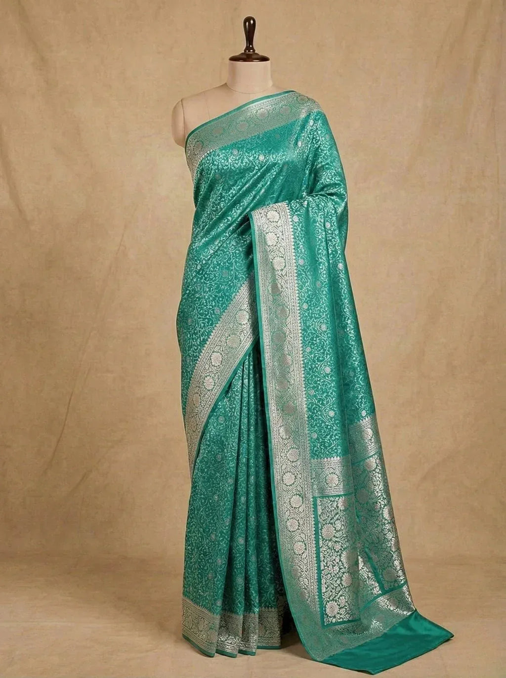 Emerald Blue Mashru Silk Tanchhoi Banarasi Zari Border Brocade Aanchal Saree - Katan Banaras