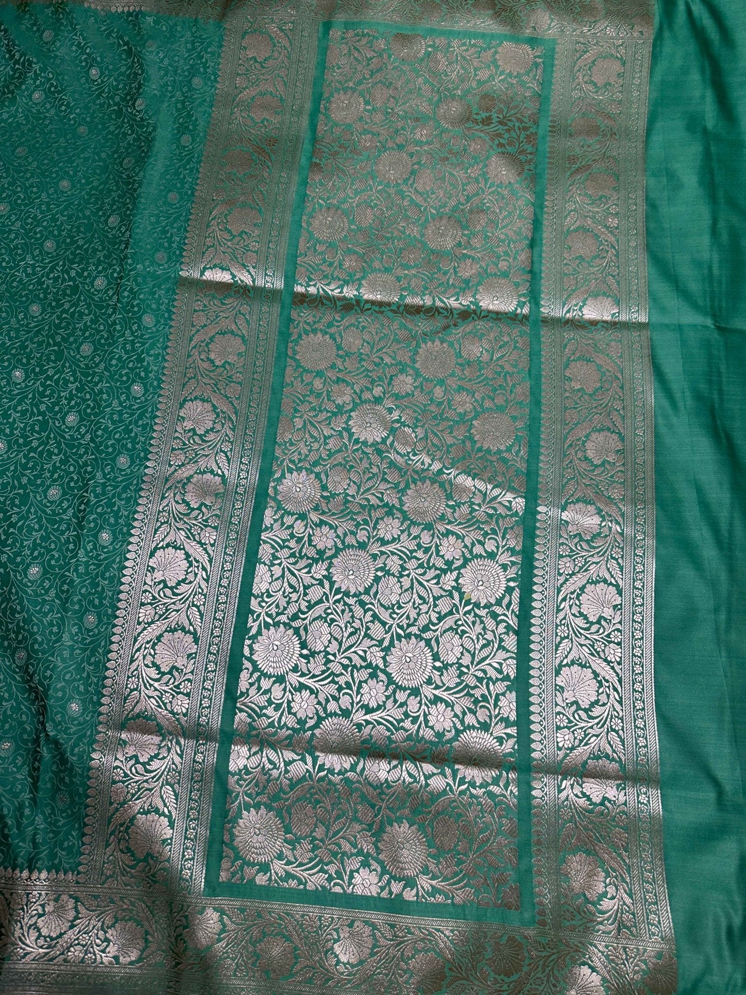 Emerald Blue Mashru Silk Tanchhoi Banarasi Zari Border Brocade Aanchal Saree - Katan Banaras