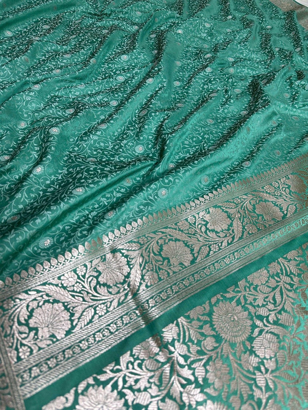 Emerald Blue Mashru Silk Tanchhoi Banarasi Zari Border Brocade Aanchal Saree - Katan Banaras