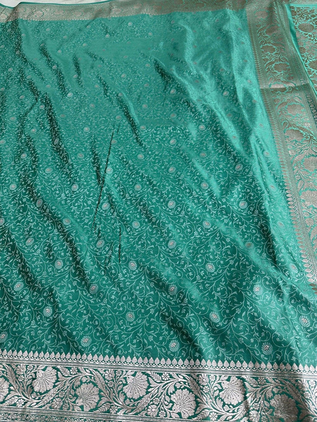 Emerald Blue Mashru Silk Tanchhoi Banarasi Zari Border Brocade Aanchal Saree - Katan Banaras