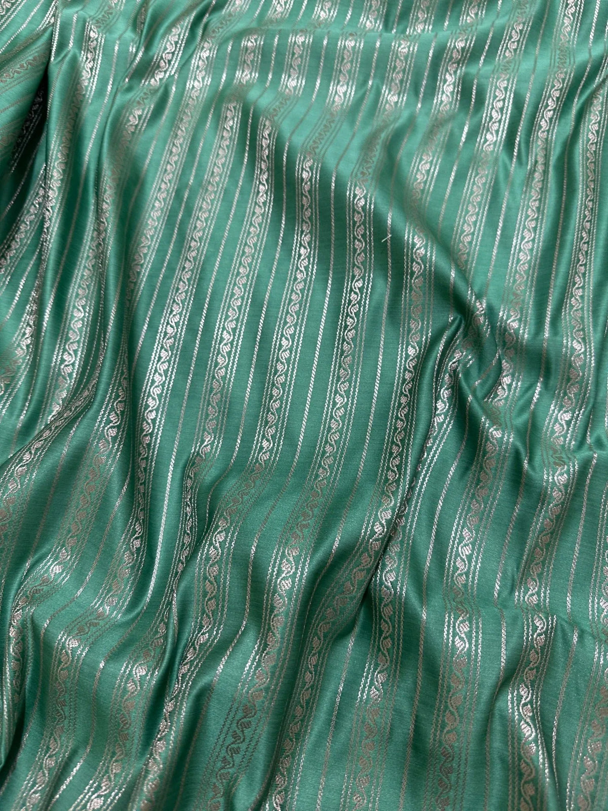 Emerald Green Mashru Silk Saree with Bold Stripes, Brocade Aanchal, and Zari Border - Katan Banaras