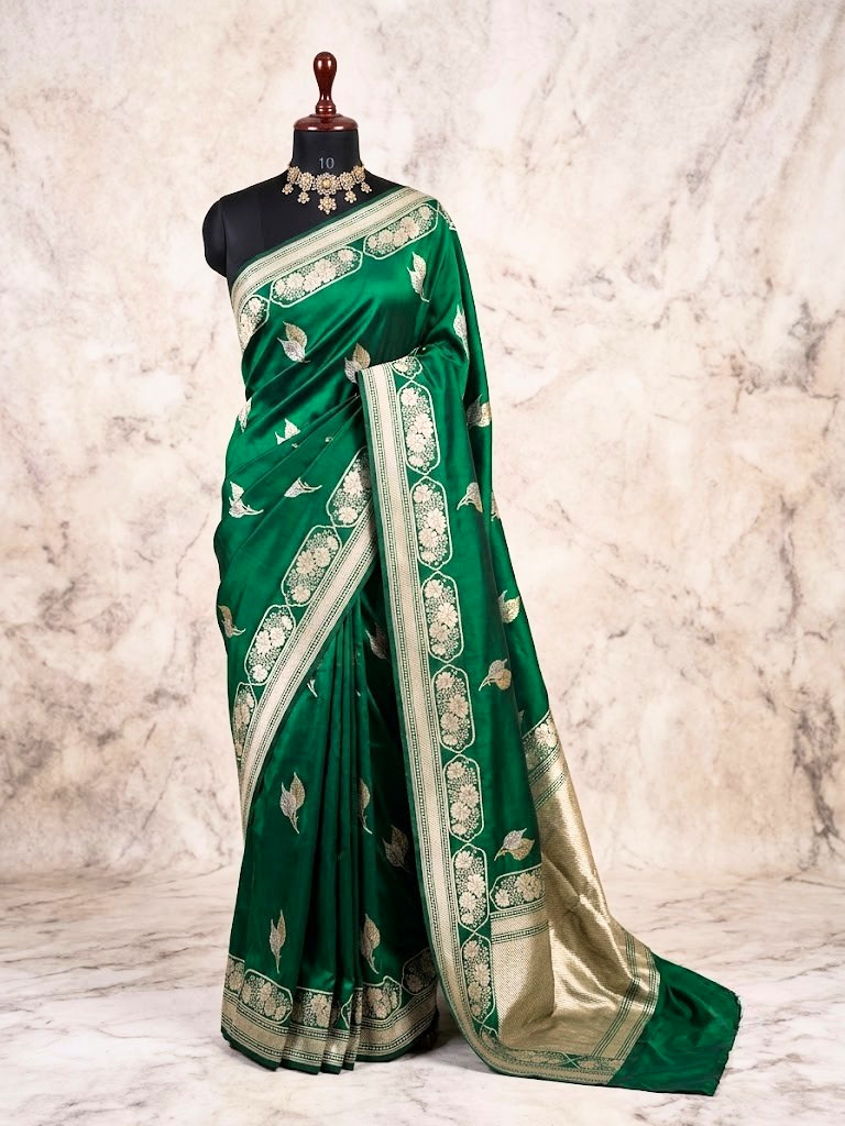 Pure Katan Silk Kadhwa Buta Banarasi Saree | Sona Rupa Zari | Green