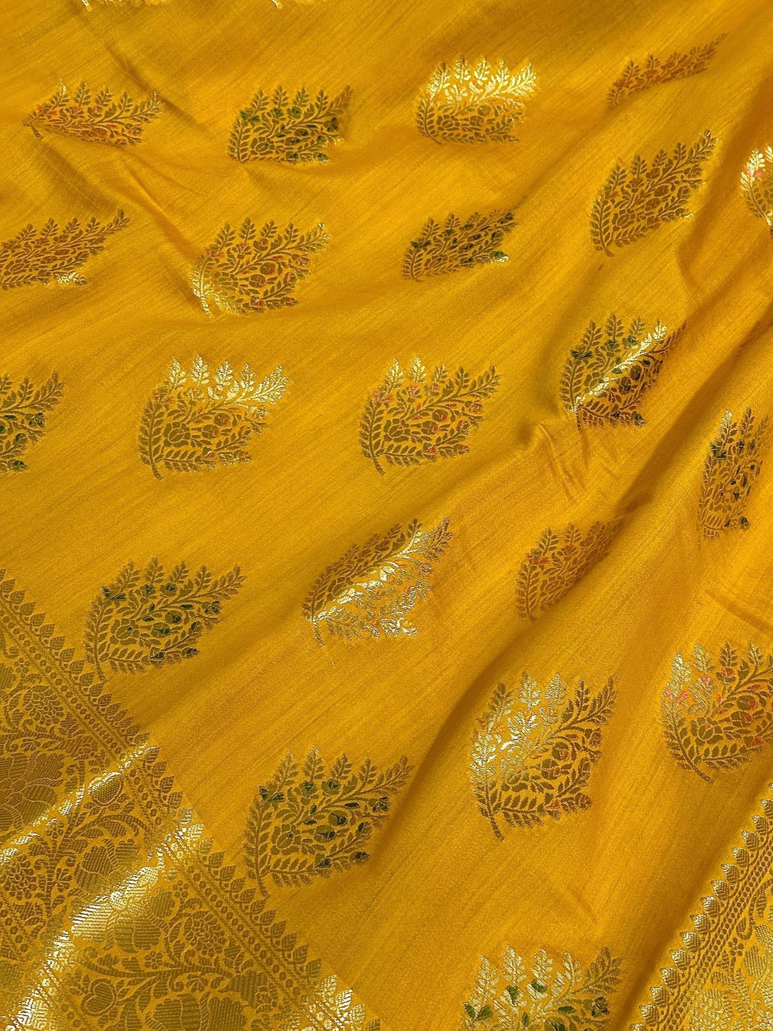 Golden Yellow Pure Chiniya Katan Silk Banarasi Saree with Floral Buti - Katan Banaras
