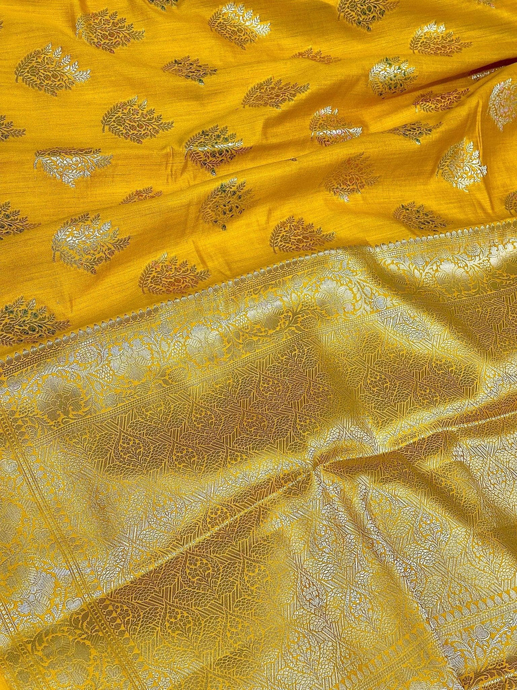Golden Yellow Pure Chiniya Katan Silk Banarasi Saree with Floral Buti - Katan Banaras