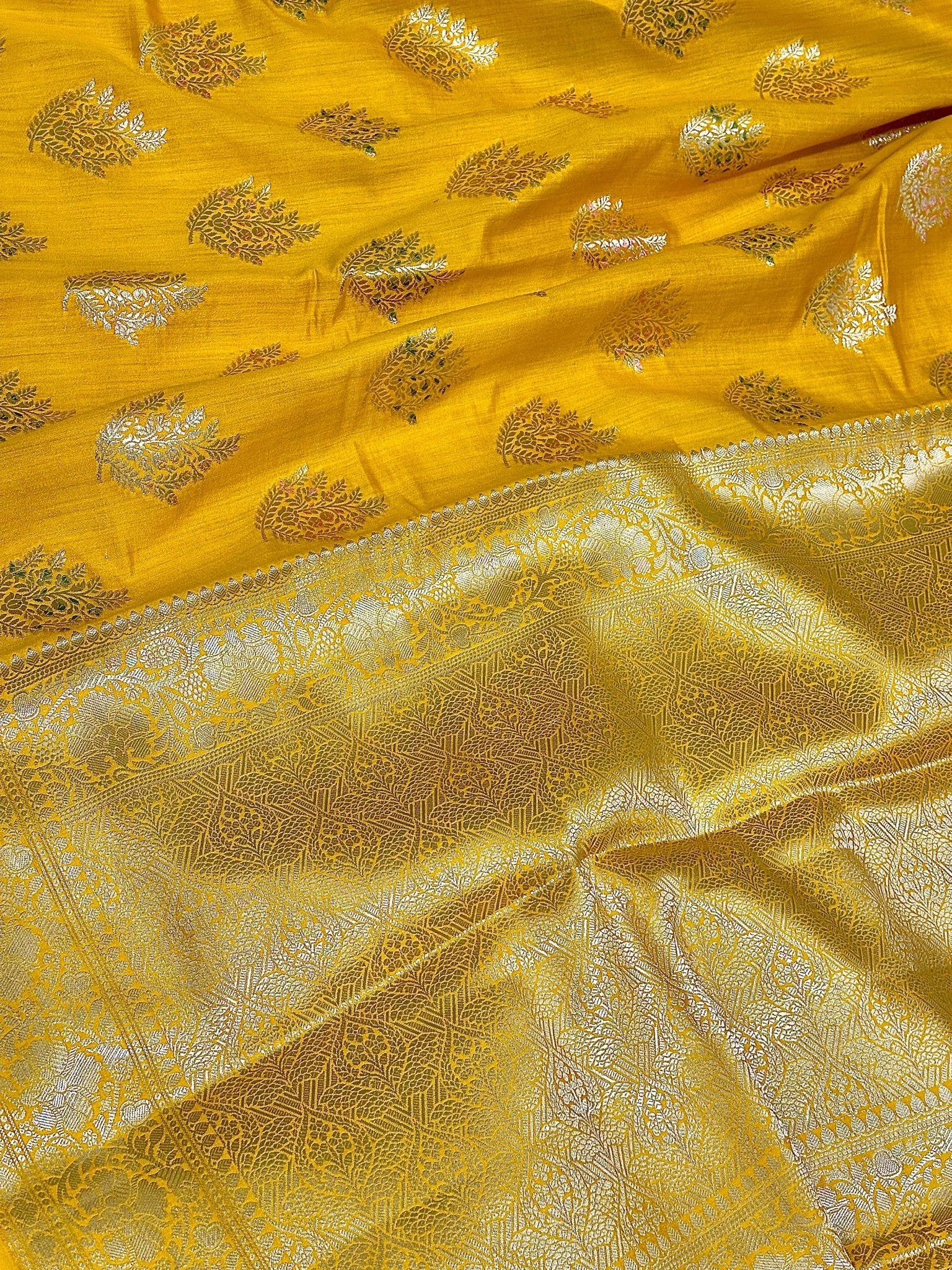 Golden Yellow Pure Chiniya Katan Silk Banarasi Saree with Floral Buti - Katan Banaras