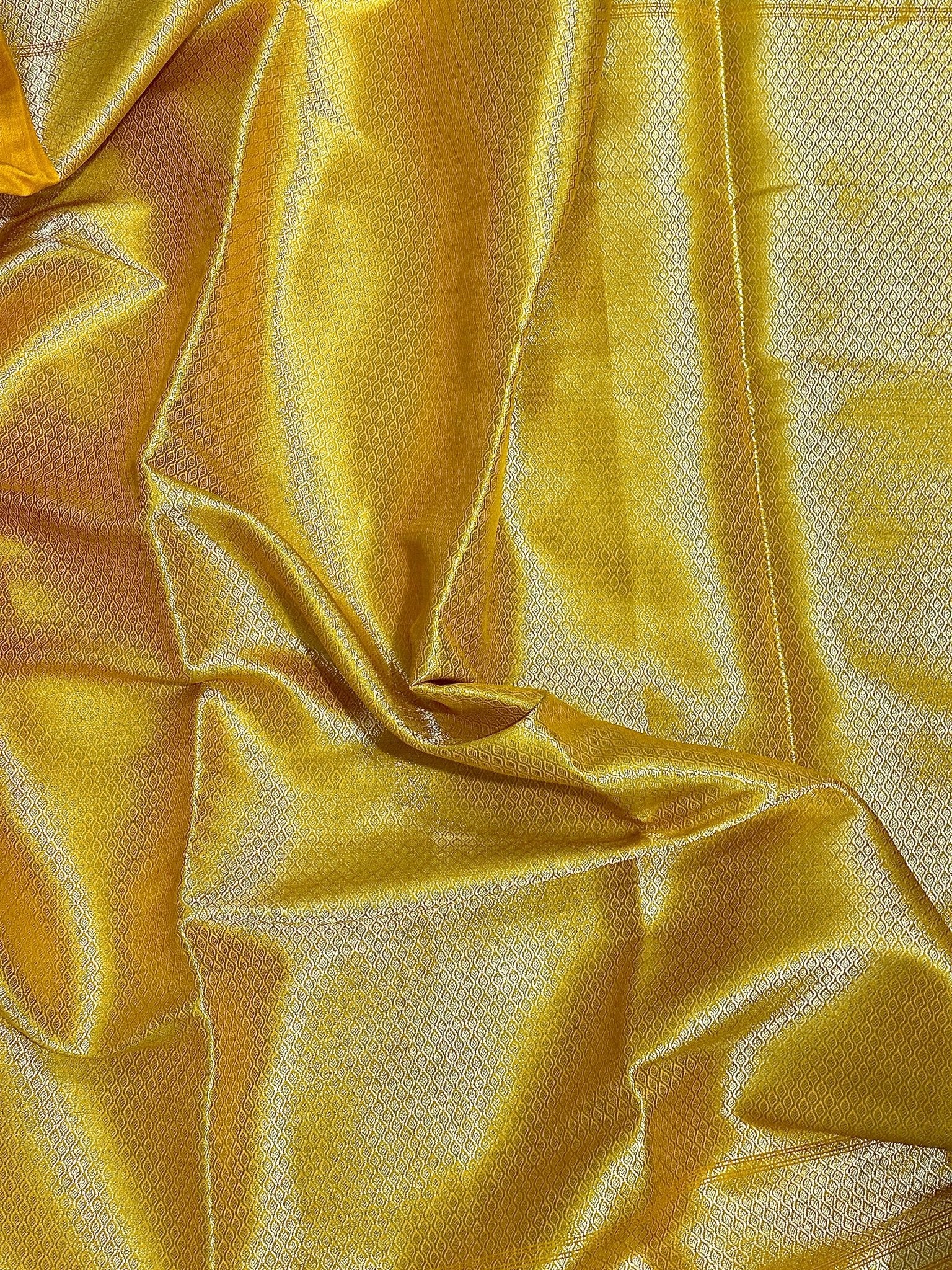 Golden Yellow Pure Chiniya Katan Silk Banarasi Saree with Floral Buti - Katan Banaras