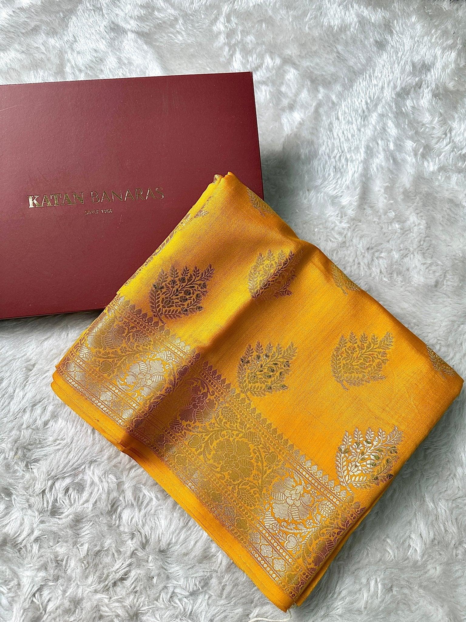 Golden Yellow Pure Chiniya Katan Silk Banarasi Saree with Floral Buti - Pure Chiniya Katan Silk Banarasi Saree