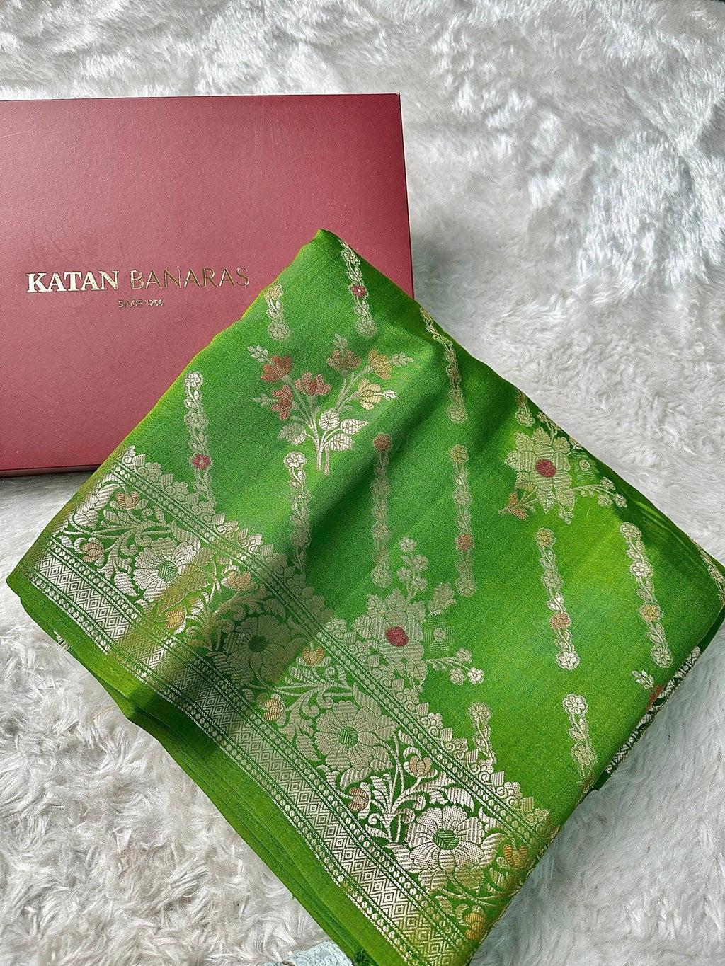 Green Pure Chiniya Katan Silk Banarasi Saree with Floral Meenakari Buti and Gold Zari Border - Pure Chiniya Katan Silk Banarasi Saree