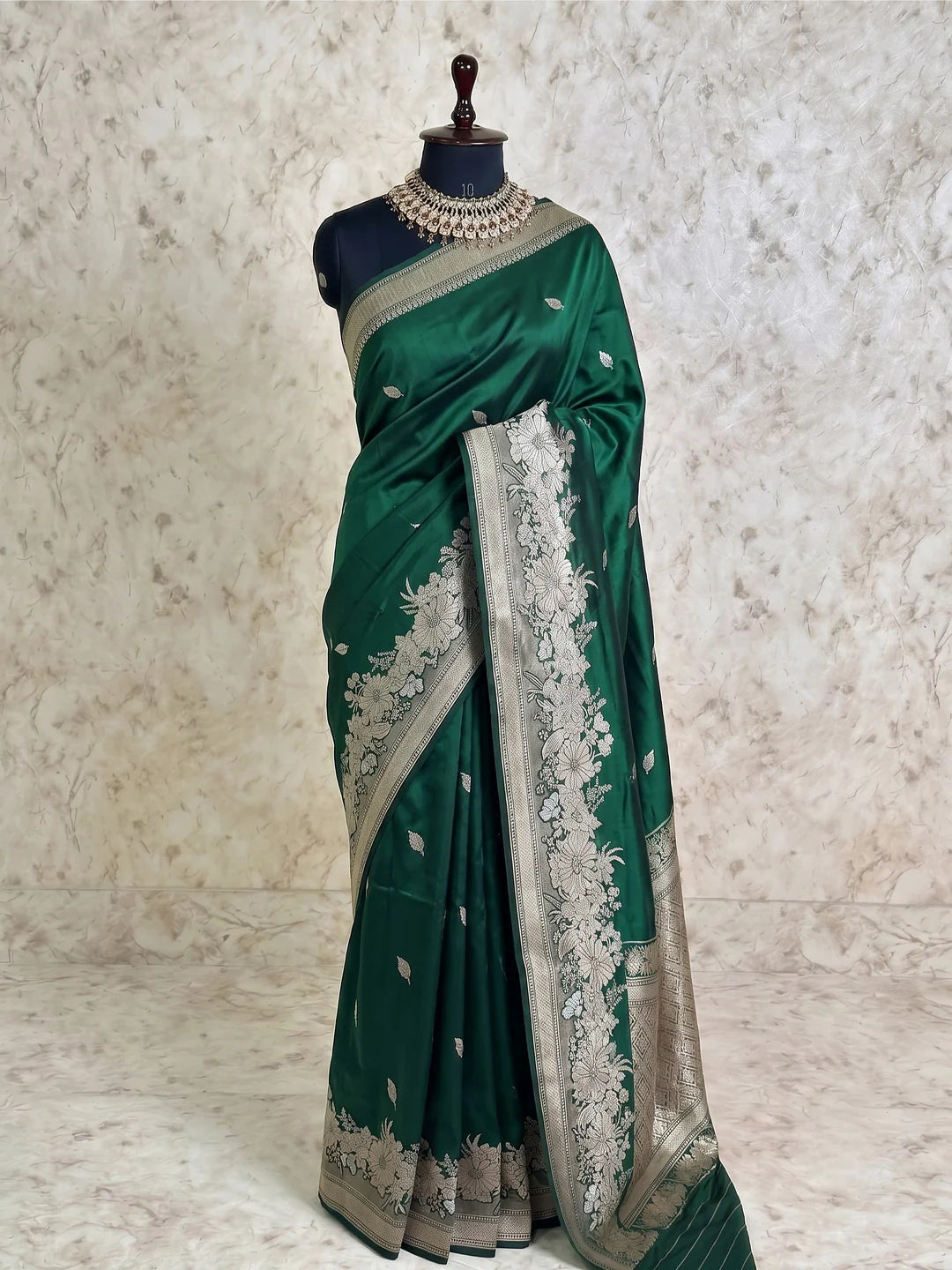 Bottle Green Pure Katan Silk Banarasi Kadhwa Buta Handloom Saree with Gold Zari Border
