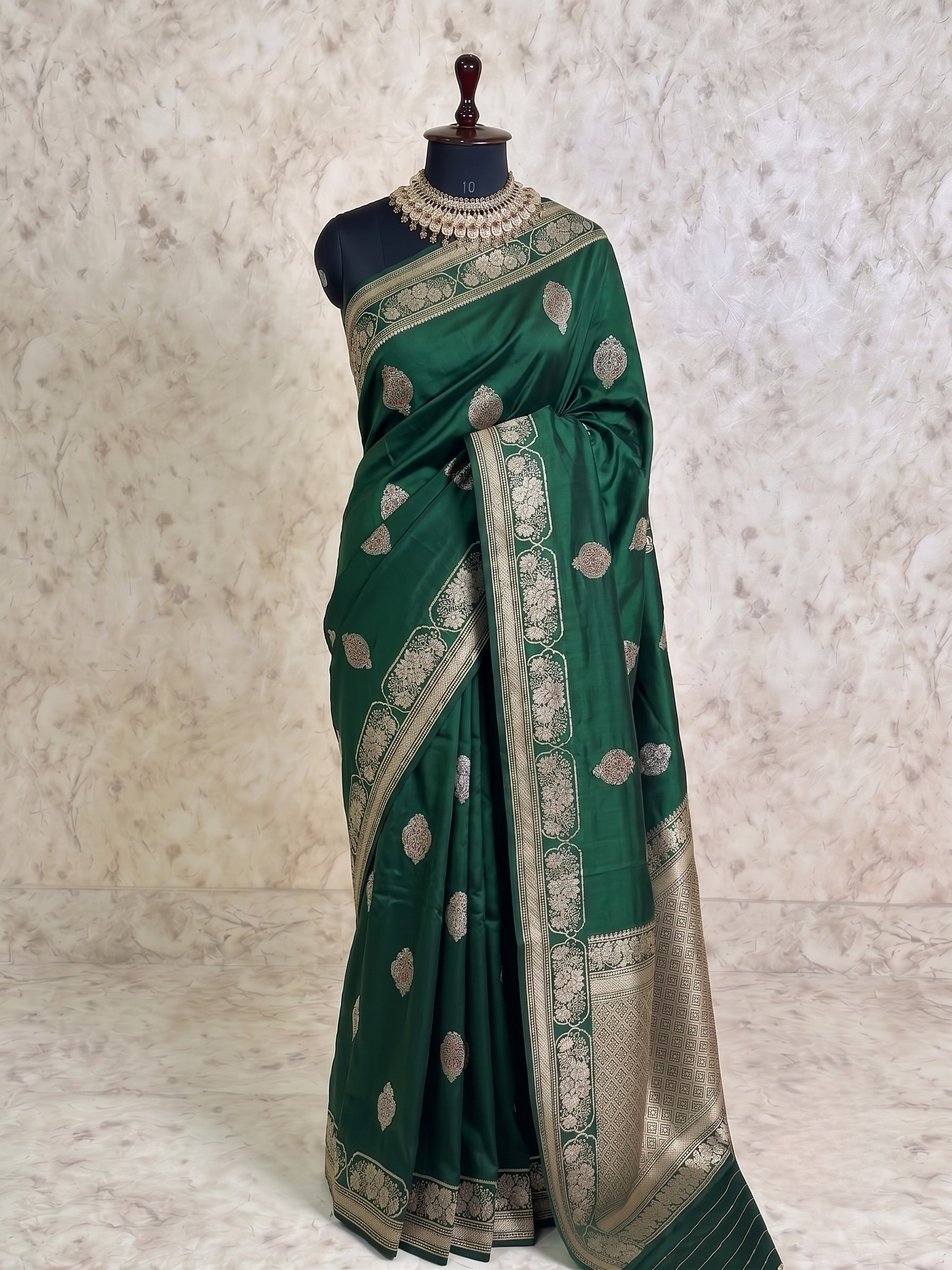 Bottle Green Pure Katan Silk Banarasi Kadhwa Buta Handloom Saree with Sona Rupa Zari & Tilfi Minakari