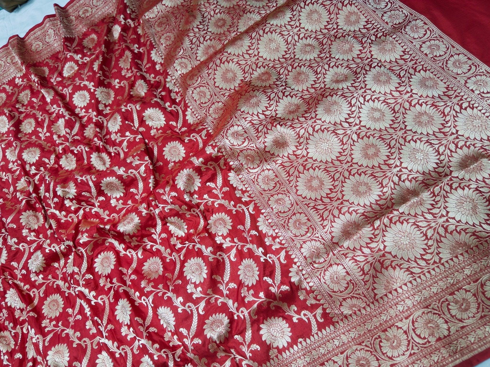 Red Pure Katan Silk Jaalwork Banarasi Saree Bridal Uppada Handwoven Festive Elegance - Katan Banaras