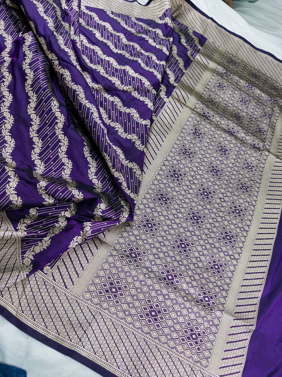 Purple Pure Katan Silk Jaalwork Banarasi Saree Royal Uppada Handwoven Festive - Katan Banaras