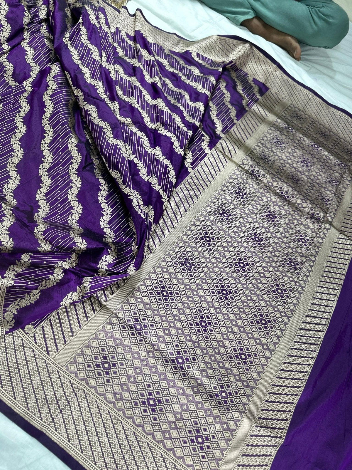 Purple Pure Katan Silk Jaalwork Banarasi Saree Royal Uppada Handwoven Festive - Katan Banaras