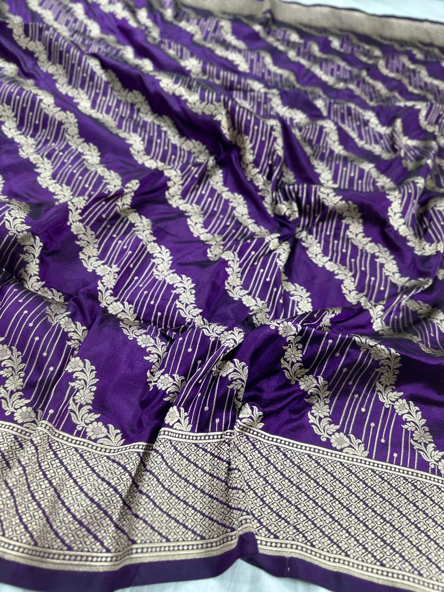 Purple Pure Katan Silk Jaalwork Banarasi Saree Royal Uppada Handwoven Festive - Katan Banaras