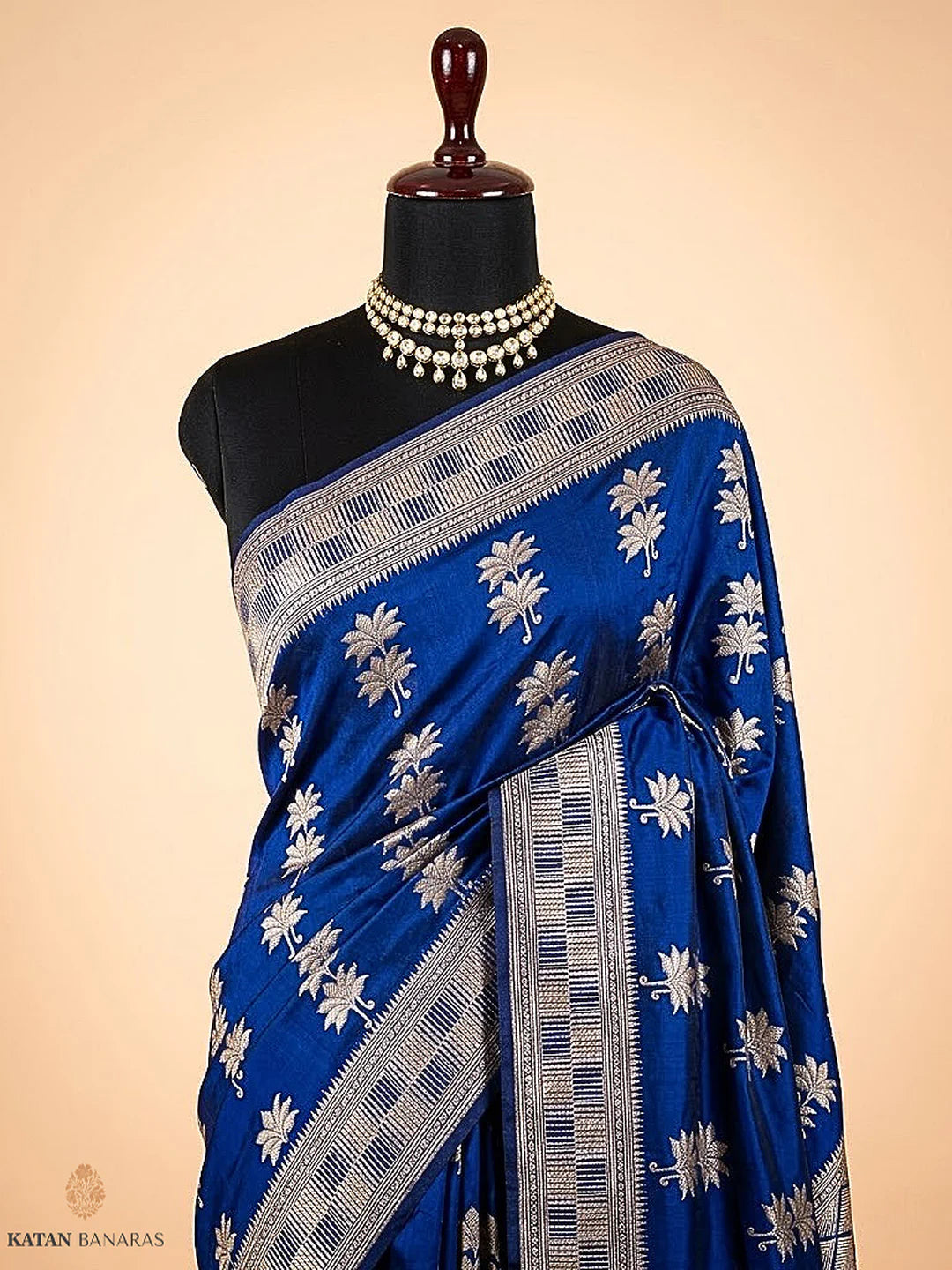 Royal Blue Uppada Buta Pure Katan Silk Banarasi Handwoven Saree — Gold Zari Tree Motifs