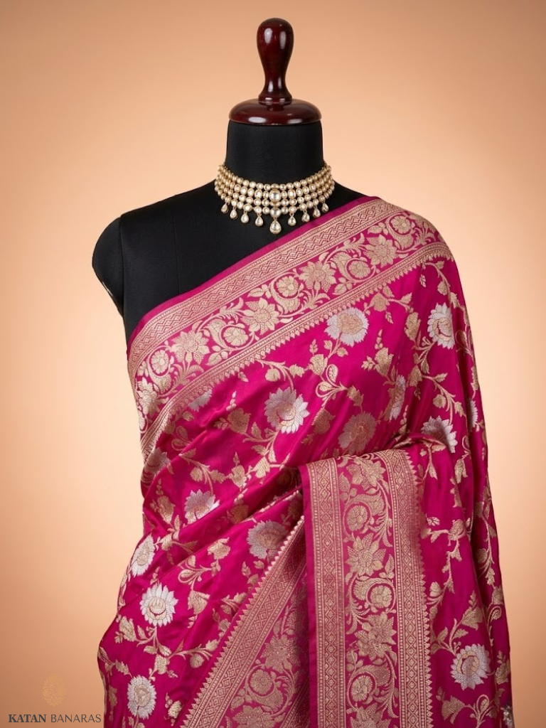 Luxury Handloom Katan Silk Banarasi Saree - Royal Rani Pink Bloom