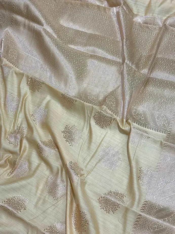 Ivory Beige Pure Chiniya Katan Silk Banarasi Saree with Silver Zari Buti and Woven Border - draped look of Pure Chiniya Katan Silk Banarasi Saree
