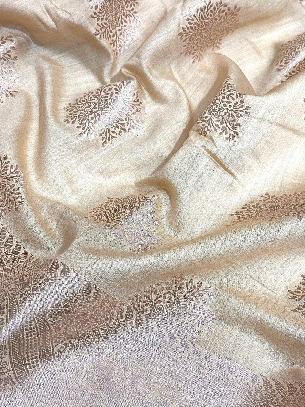 Ivory Beige Pure Chiniya Katan Silk Banarasi Saree with Silver Zari Buti and Woven Border - front view of Pure Chiniya Katan Silk Banarasi Saree