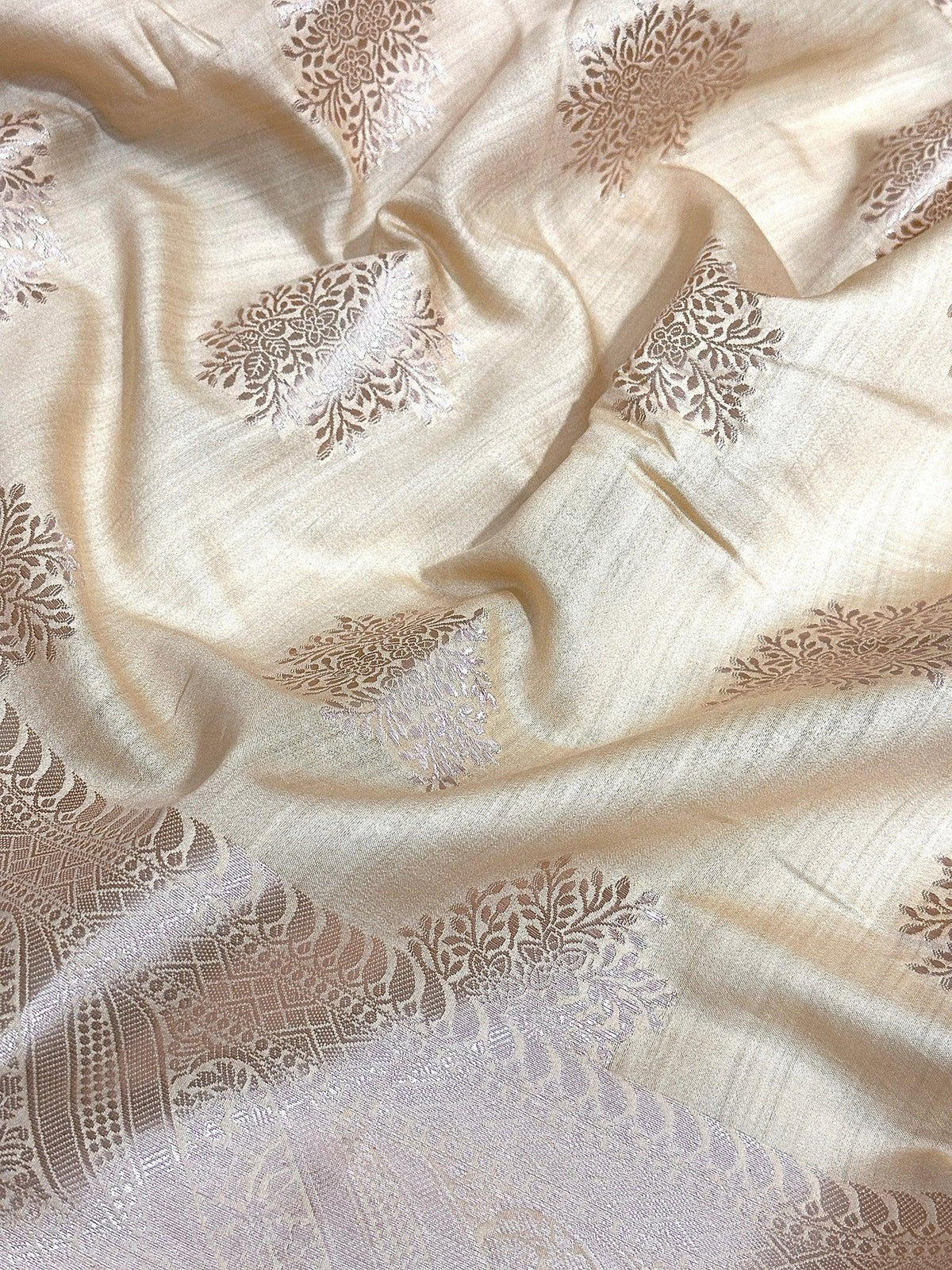 Ivory Beige Pure Chiniya Katan Silk Banarasi Saree with Silver Zari Buti and Woven Border - front view of Pure Chiniya Katan Silk Banarasi Saree