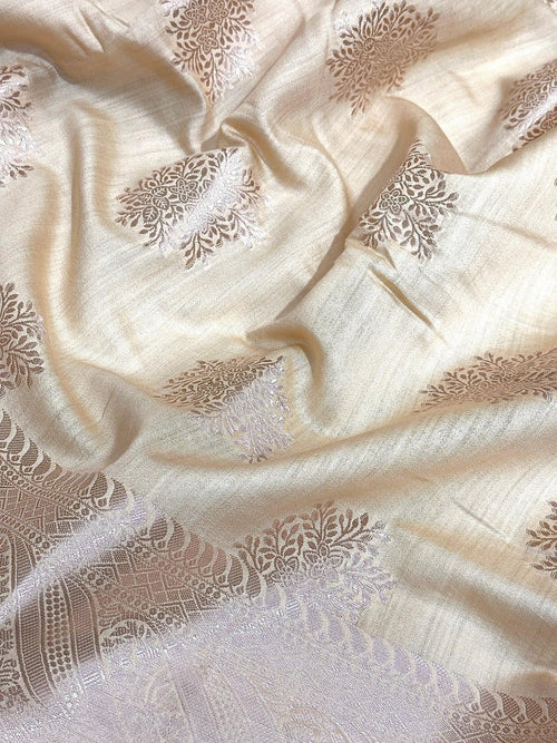 Ivory Beige Pure Chiniya Katan Silk Banarasi Saree with Silver Zari Buti and Woven Border - front view of Pure Chiniya Katan Silk Banarasi Saree