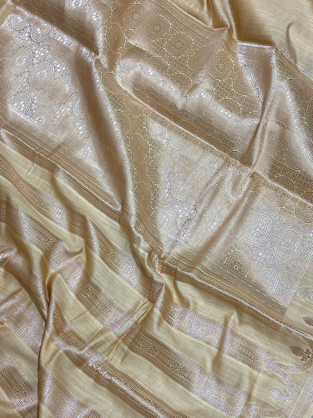 Ivory Beige Pure Chiniya Katan Silk Banarasi Saree with Stripe Zari Border - Katan Banaras