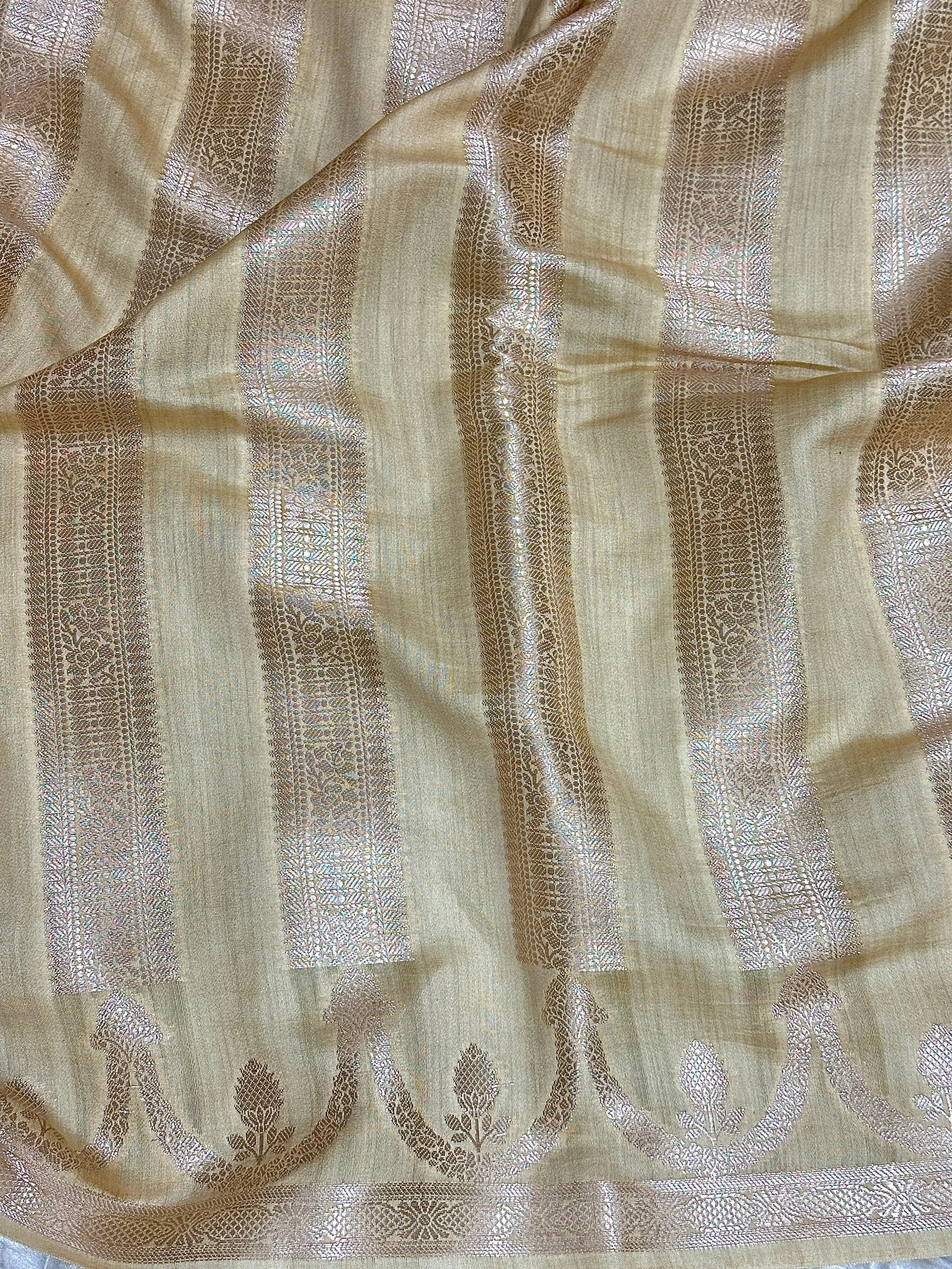 Ivory Beige Pure Chiniya Katan Silk Banarasi Saree with Stripe Zari Border - Katan Banaras