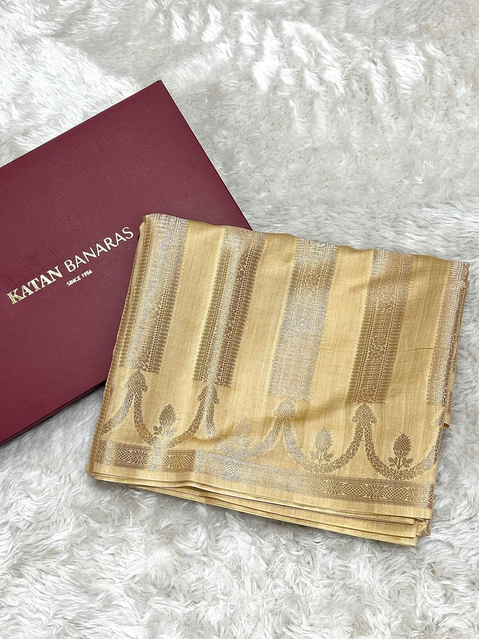 Ivory Beige Pure Chiniya Katan Silk Banarasi Saree with Stripe Zari Border - Pure Chiniya Katan Silk Banarasi Saree