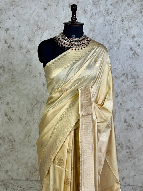Ivory Beige Pure Katan Silk Banarasi Kadhwa Buta Handloom Ektara Weaved Saree with Pure Zari Border - Katan Banaras
