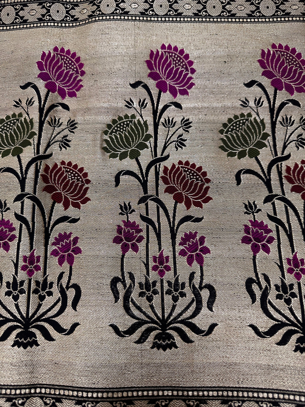 Close-up of Kadhwa weaving technique with real zari on Satin Silk