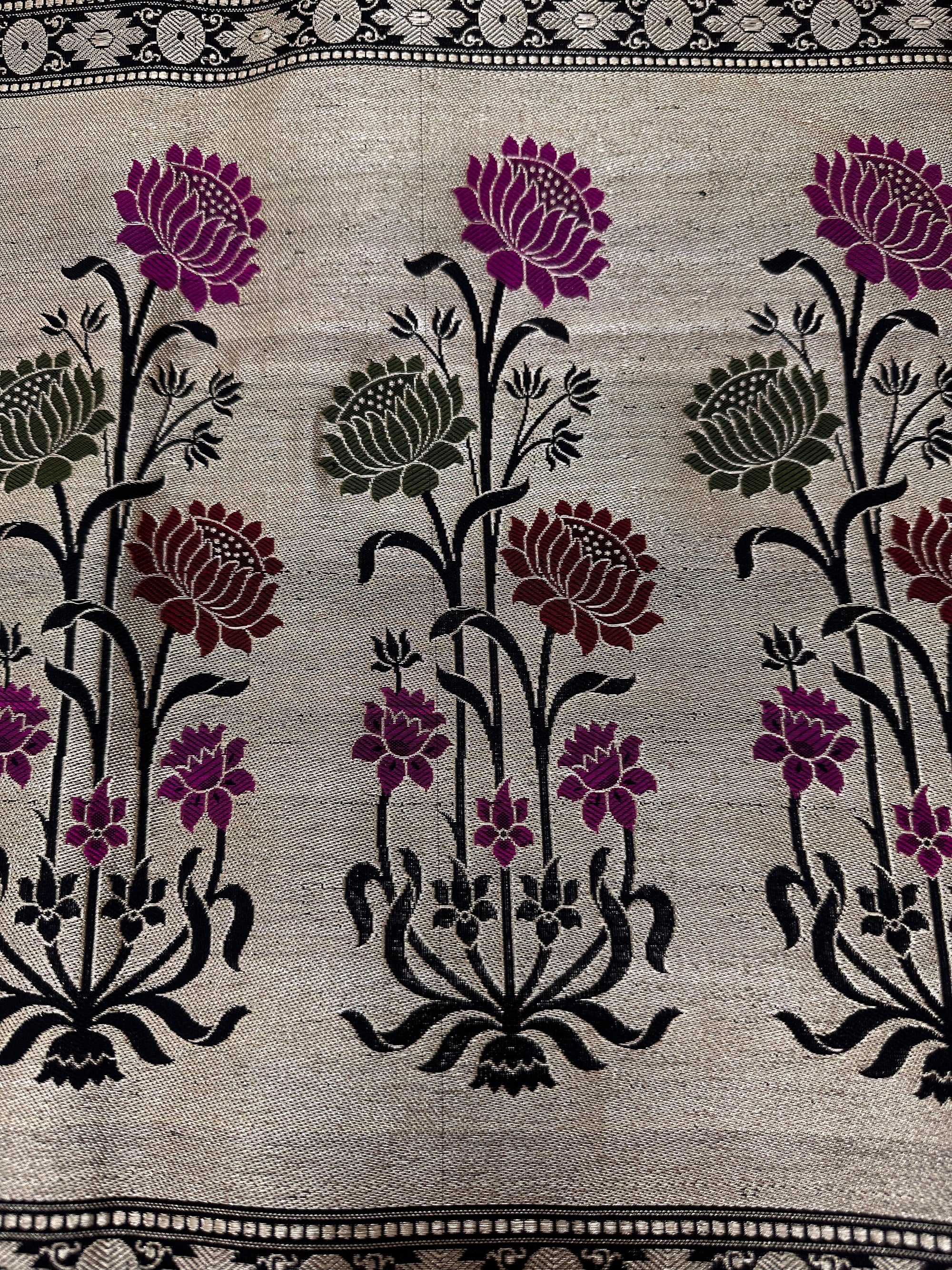 Close-up of Kadhwa weaving technique with real zari on Satin Silk