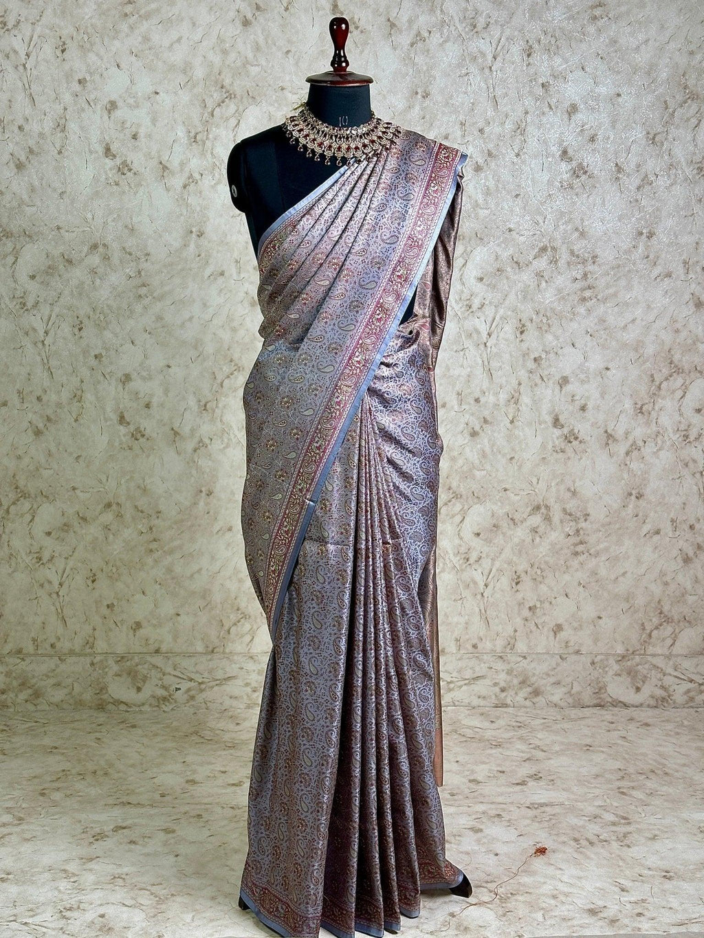Lavender Grey Pure Banarasi Handloom Jamawar Tanchui Kadhwa Interlocked Weaved Saree - Katan Banaras