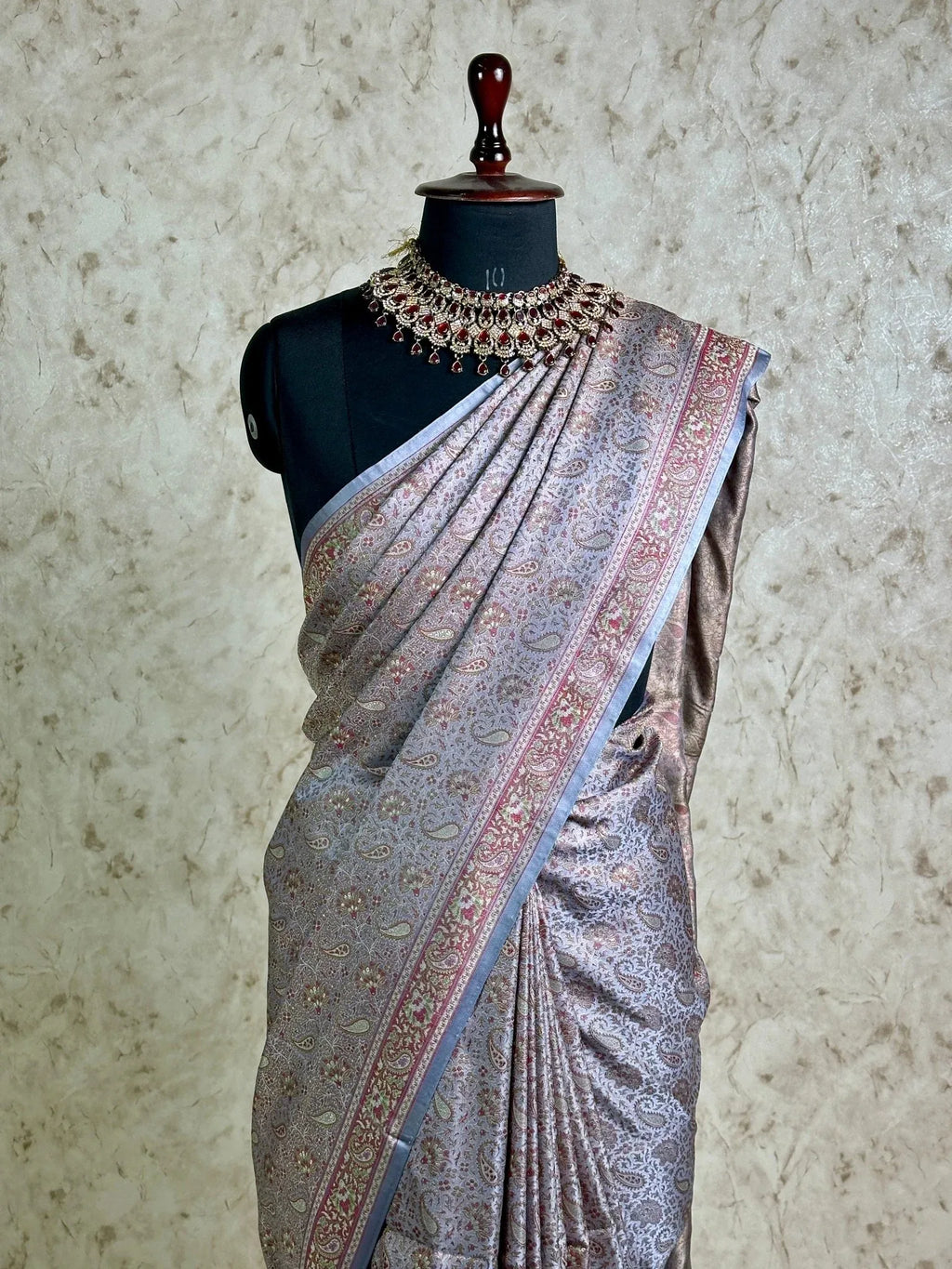Lavender Grey Pure Banarasi Handloom Jamawar Tanchui Kadhwa Interlocked Weaved Saree - Katan Banaras