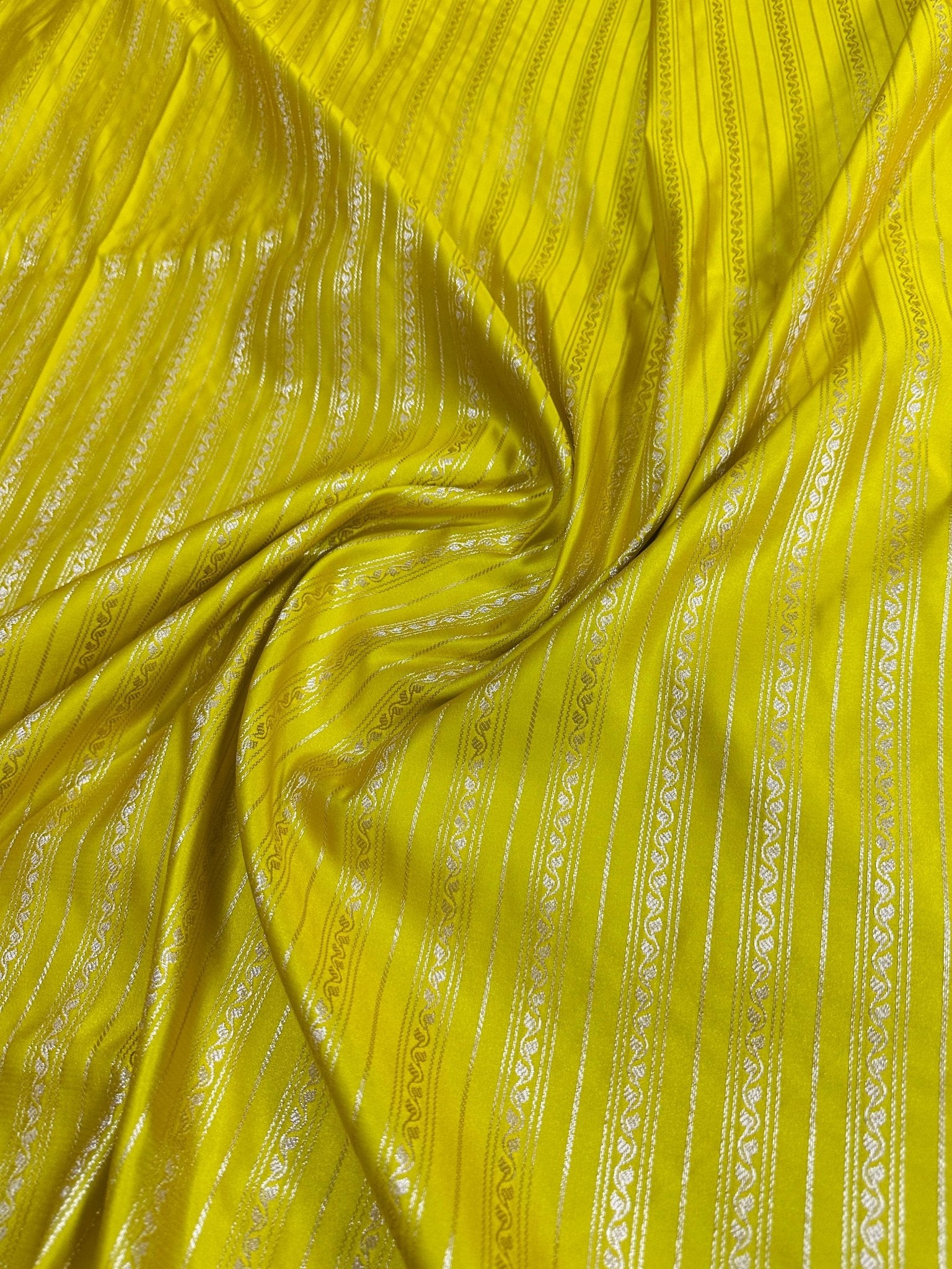 Lemon Mashru Silk Vertical Stripe Design Zari Border Brocade Aanchal Saree - Katan Banaras
