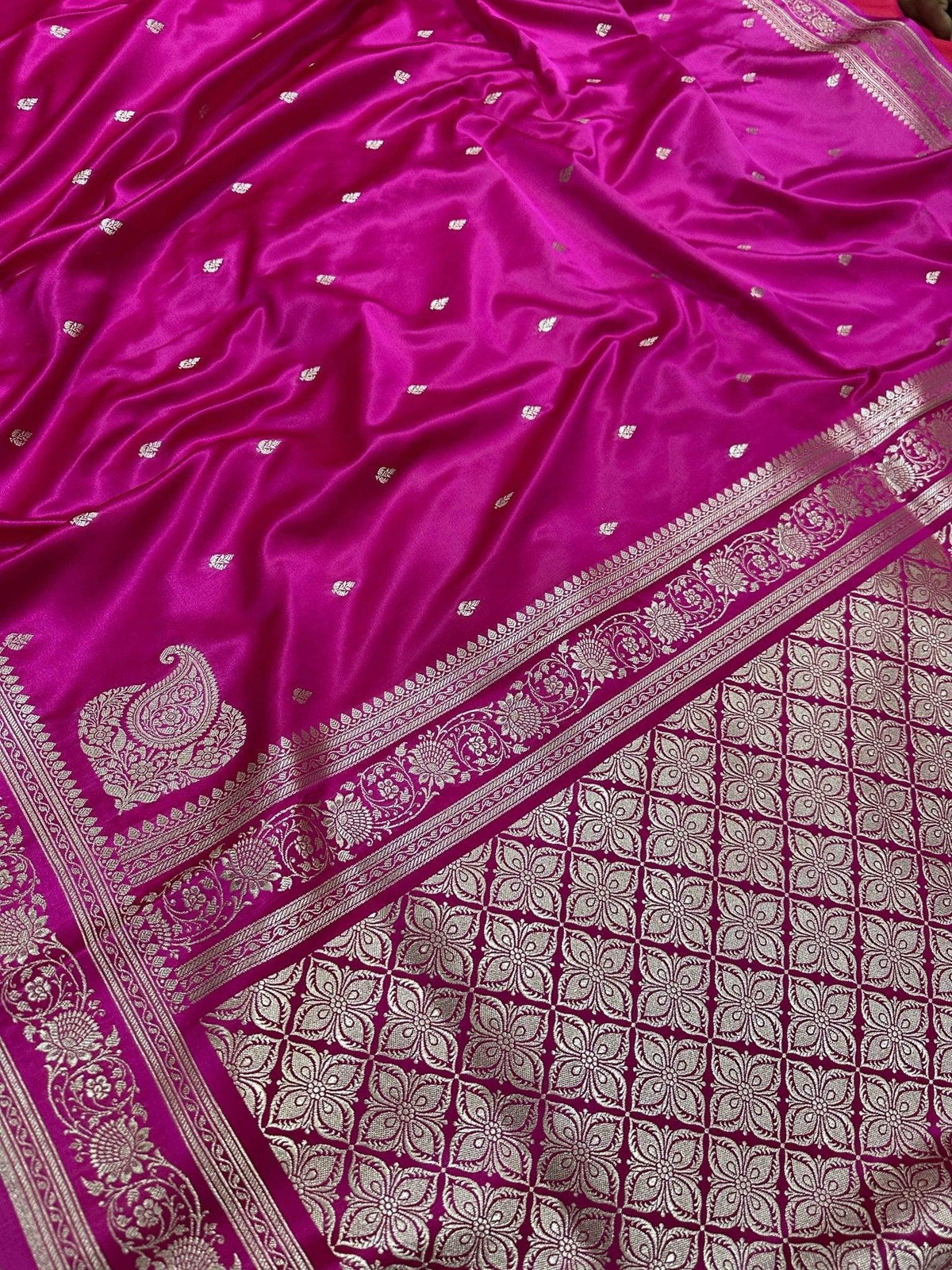 Magenta Mashru Silk Paithni Banarasi Zari Border Brocad Aanchal Booti Saree - Katan Banaras