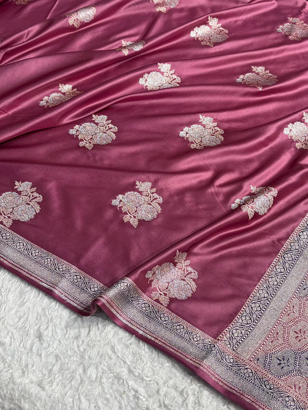Silver Petals — Mashru Silk Saree in Mauve Pink