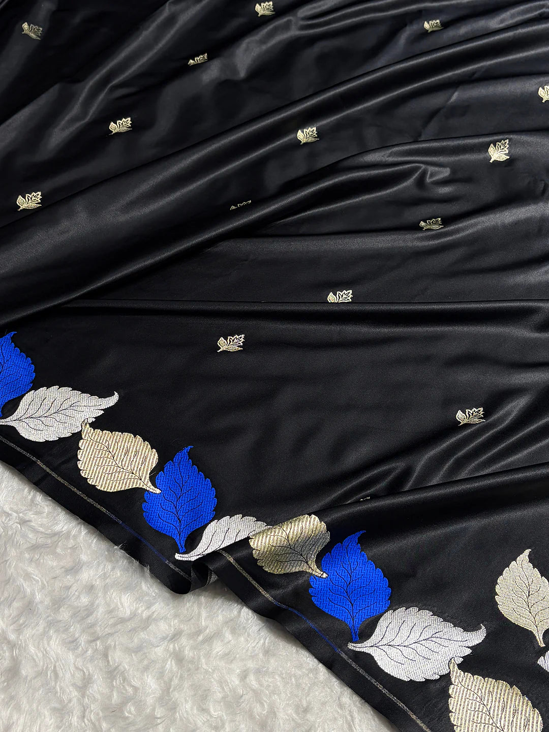 Midnight Leaves — Mashru Silk Banarasi Saree in Black