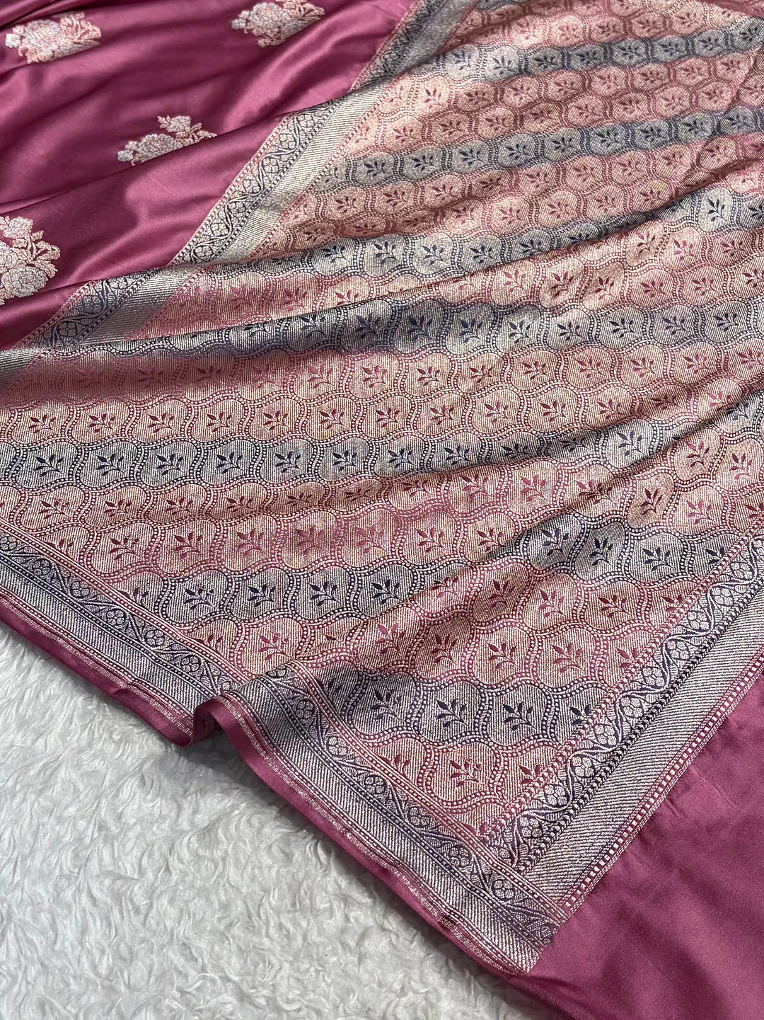 Silver Petals — Mashru Silk Saree in Mauve Pink