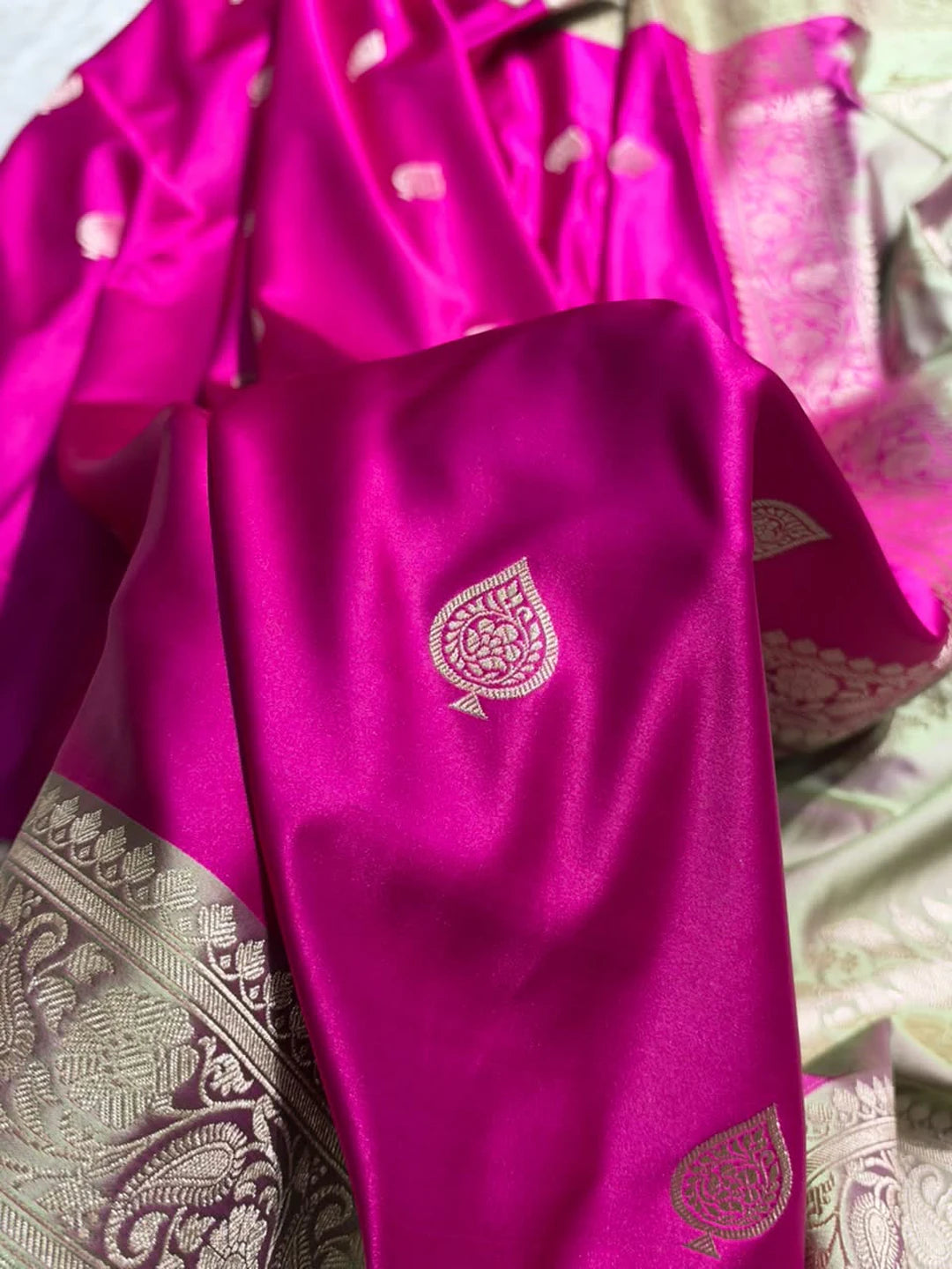 Ruby Bloom — Mashru Silk Banarasi Saree in Rani Pink
