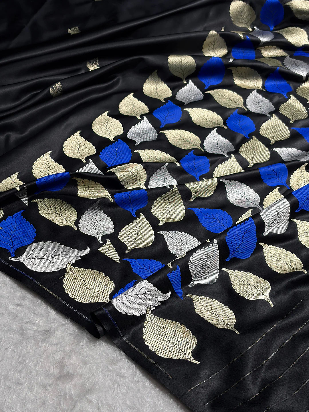 Midnight Leaves — Mashru Silk Banarasi Saree in Black